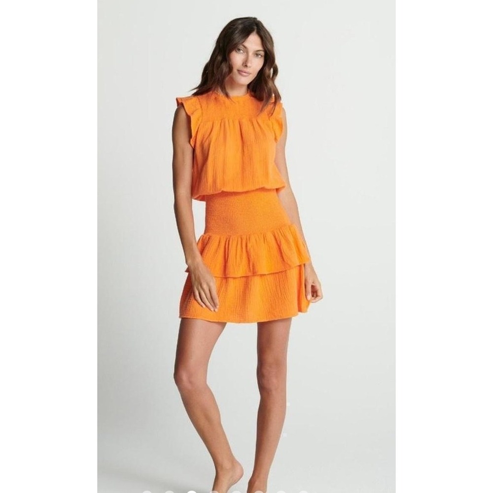 Sundays Orange Gauze Smocked Tiered Ruffle Mini Dress‎ Size M